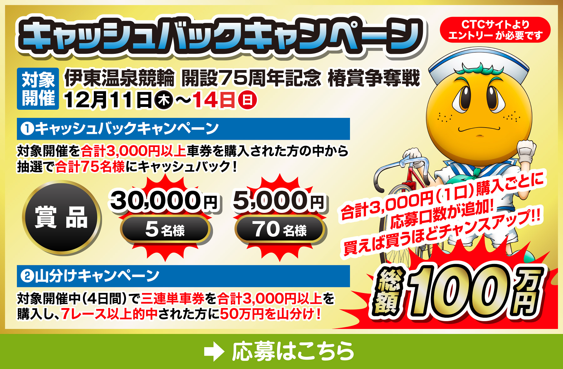 キャッシュバックキャンペーンへのエントリーバナー